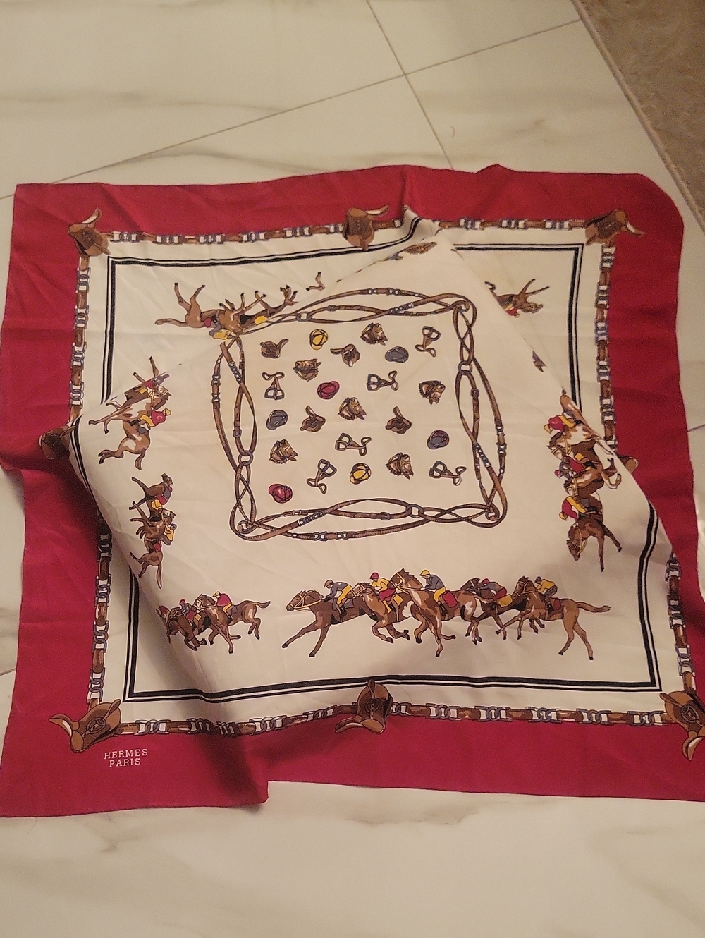 Hermes Red and Cream Equestrian Print Silk Vintage  Scarf
